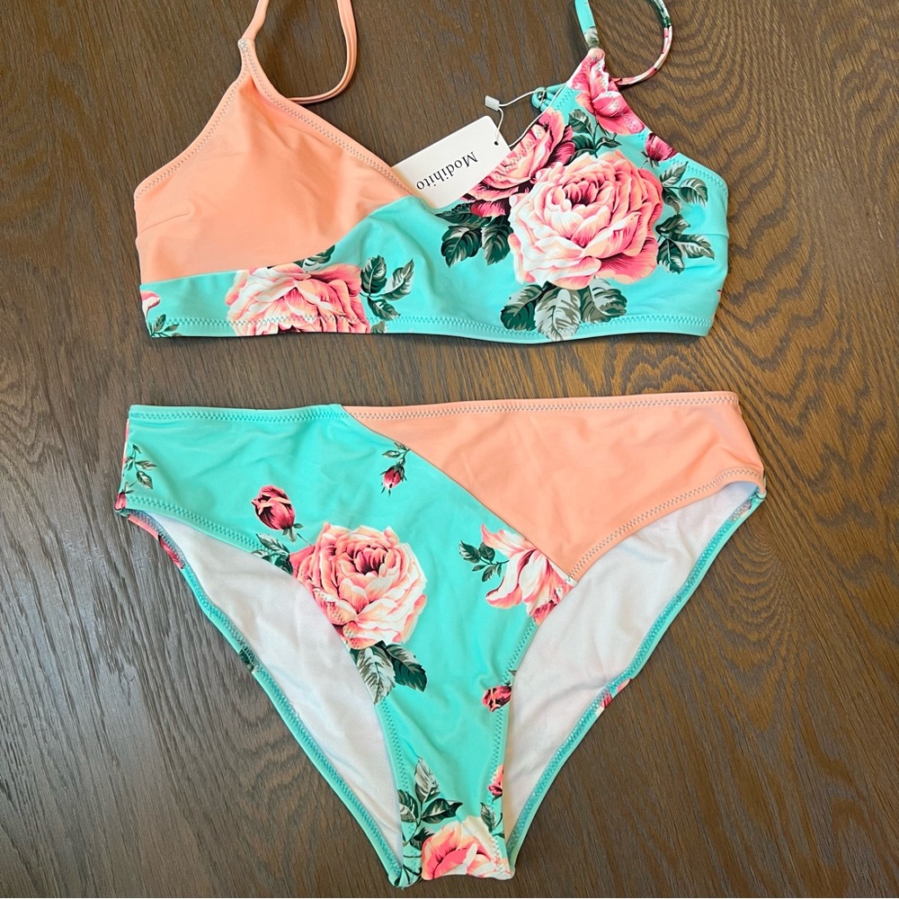Floral Bikini Set‎ - Peach and Aqua